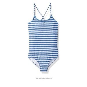 NWT Seafolly Kids Sapphire Coast Stripe Tank Swimsuit Girls 8 Hawaii Blue